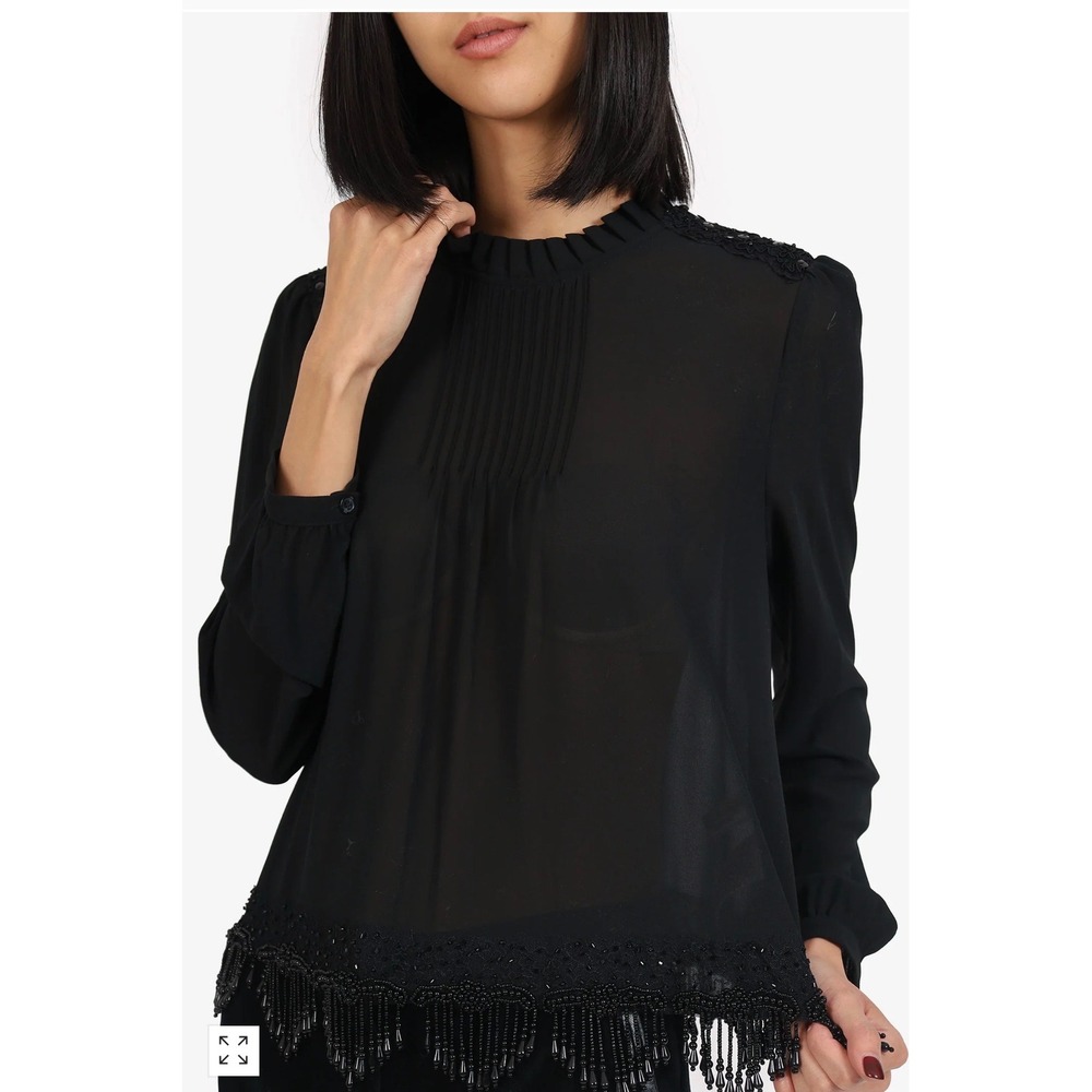 Michael Michael Kors Black Beaded Fringe Blouse Pleated Lace Sequin MH44KC07R3 L
